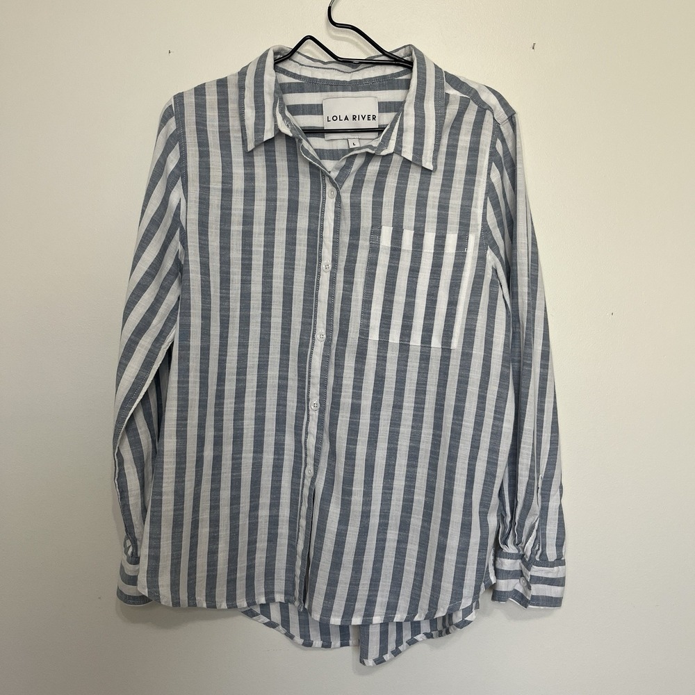 Striped Button Up Long Sleeve Top Womens L Coastal Breathable Classic